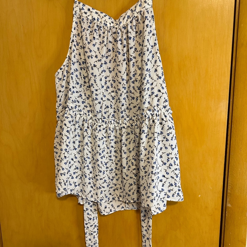 White with Blue Floral Tie-Back top